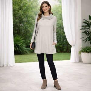 J. Jill PureJill Soft-Touch Cotton Light Tan Velvet Turtleneck Tunic Sweater XS